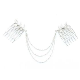 2 Pcs Silver Color Retro Hair Combs Leaves Decorative Mini Side Combs Hair Chain Tassels DIY Bridal Hair Accessories