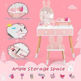 Kids Vanity Set, Girls Vanity Set with Mirror & Stool, 2 Large Drawers, Storage Shelf, Wooden Princess Makeup Dressing Table